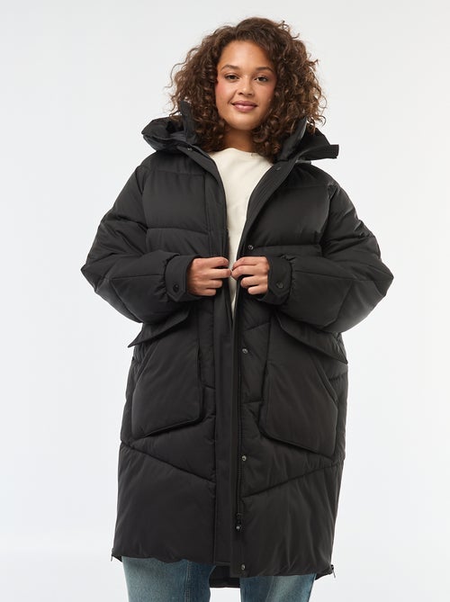 Piumino lungo trapuntato con cappuccio e tasche foderate in pile - Kiabi