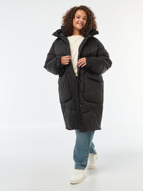 Piumino lungo trapuntato con cappuccio e tasche foderate in pile - Kiabi