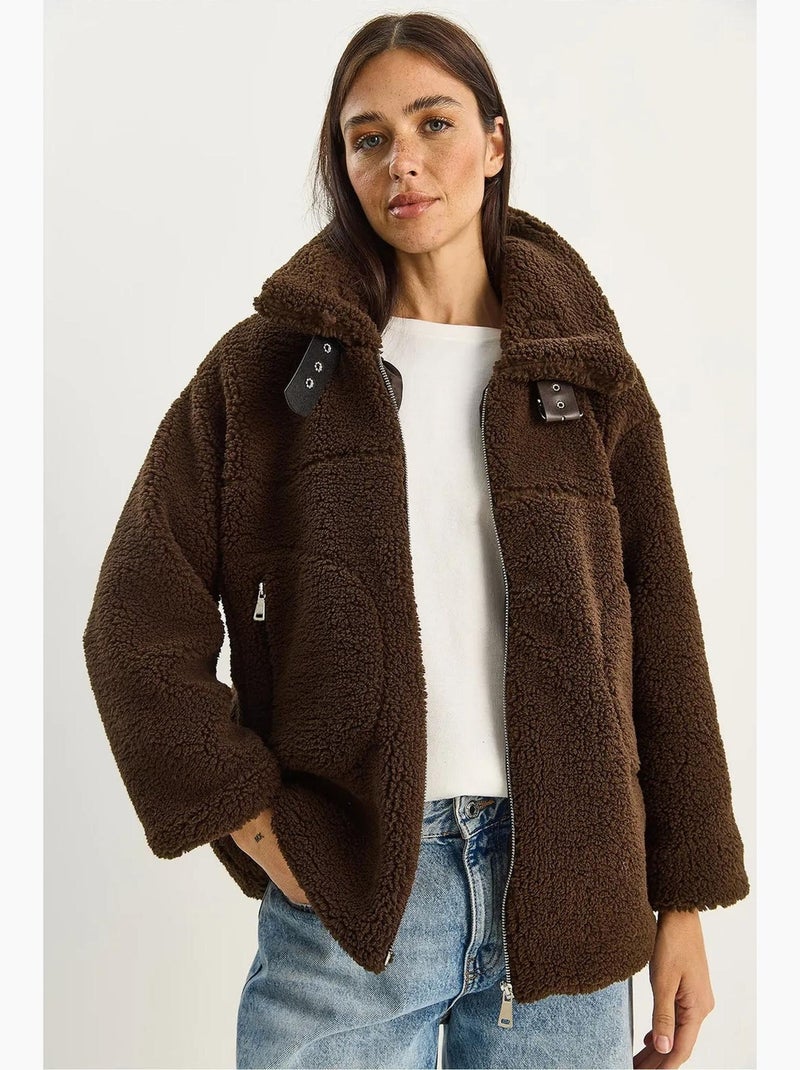 Piumino oversize in maglia peluche con chiusura a zip lucci Marrone scuro - Kiabi