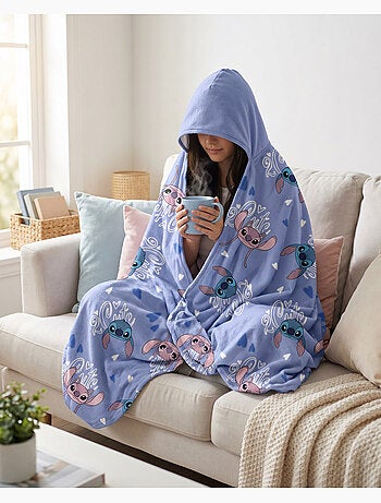 Plaid con Cappuccio Flanella Disney Stitch & Angel 2 Cute 120x150cm – All-Over Blu – 100% Poliestere