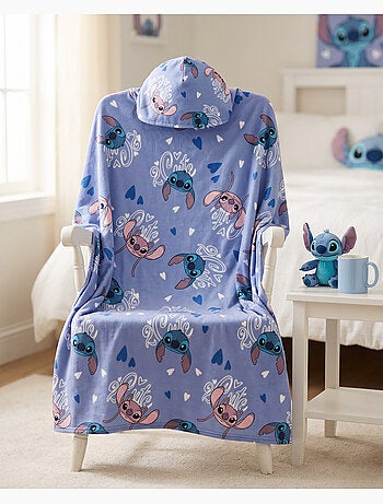Plaid con Cappuccio Flanella Disney Stitch & Angel 2 Cute 120x150cm – All-Over Blu – 100% Poliestere