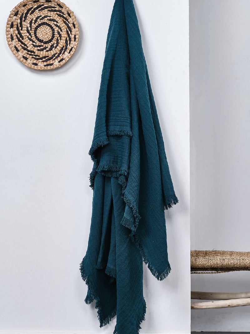 Plaid con frange in garza di cotone BLU - Kiabi