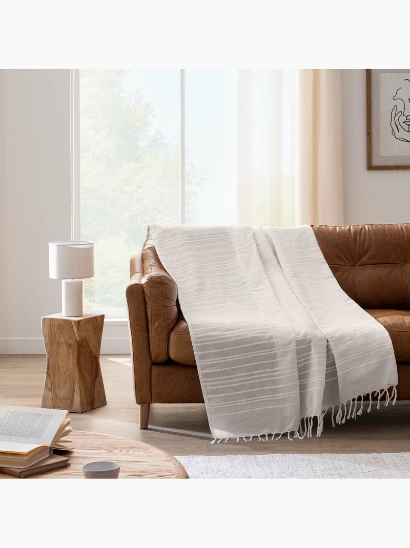 Plaid di cotone con grandi frange Beige conchiglia - Kiabi