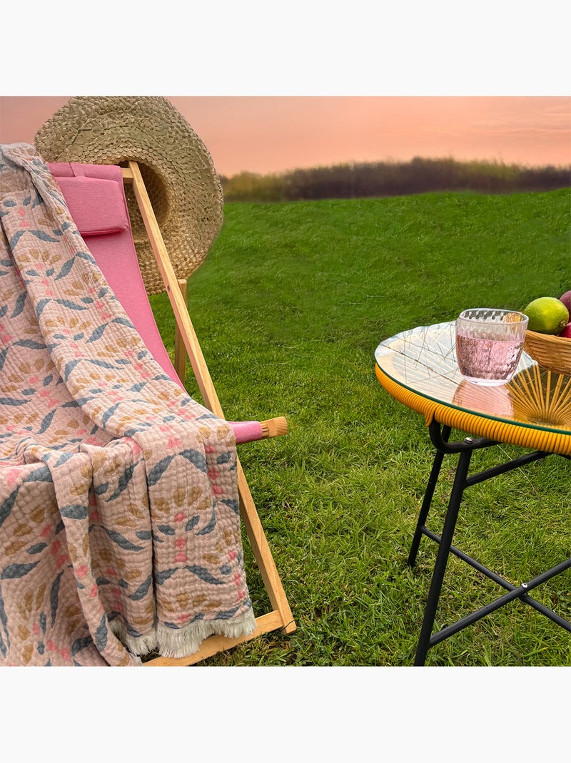 Plaid in garza di cotone lavato con motivo vegetale Rosa - Kiabi