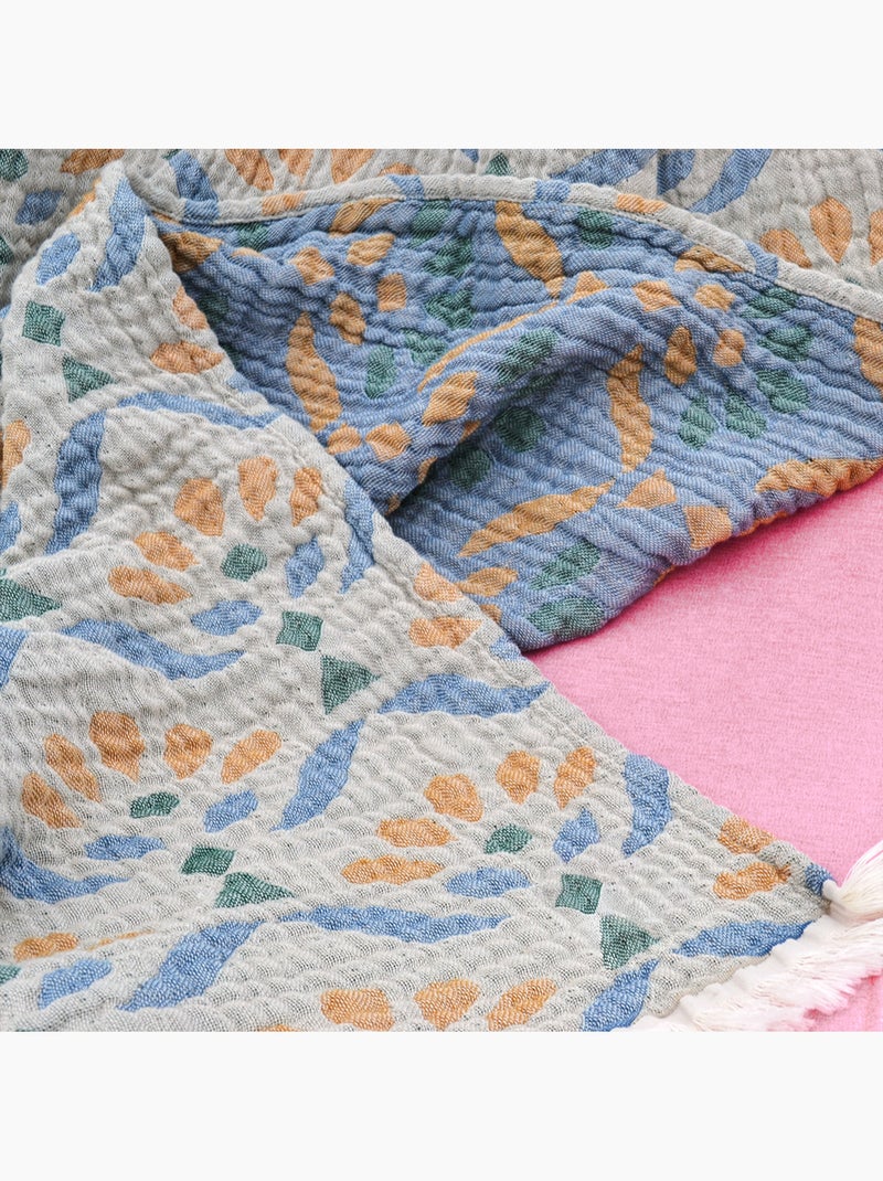 Plaid in garza di cotone lavato con motivo vegetale Verde salvia - Kiabi