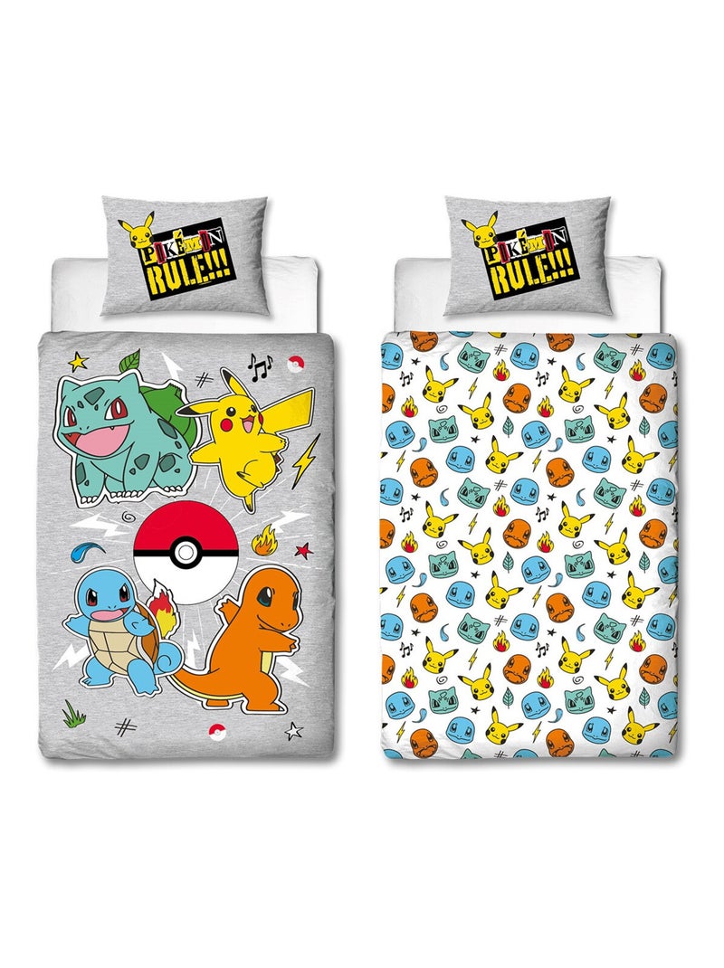 Pokémon, Completo Letto Bambino Reversibile, Pikachu Evolution, Copripiumino 140x200 cm 63x63 Grigio - Kiabi