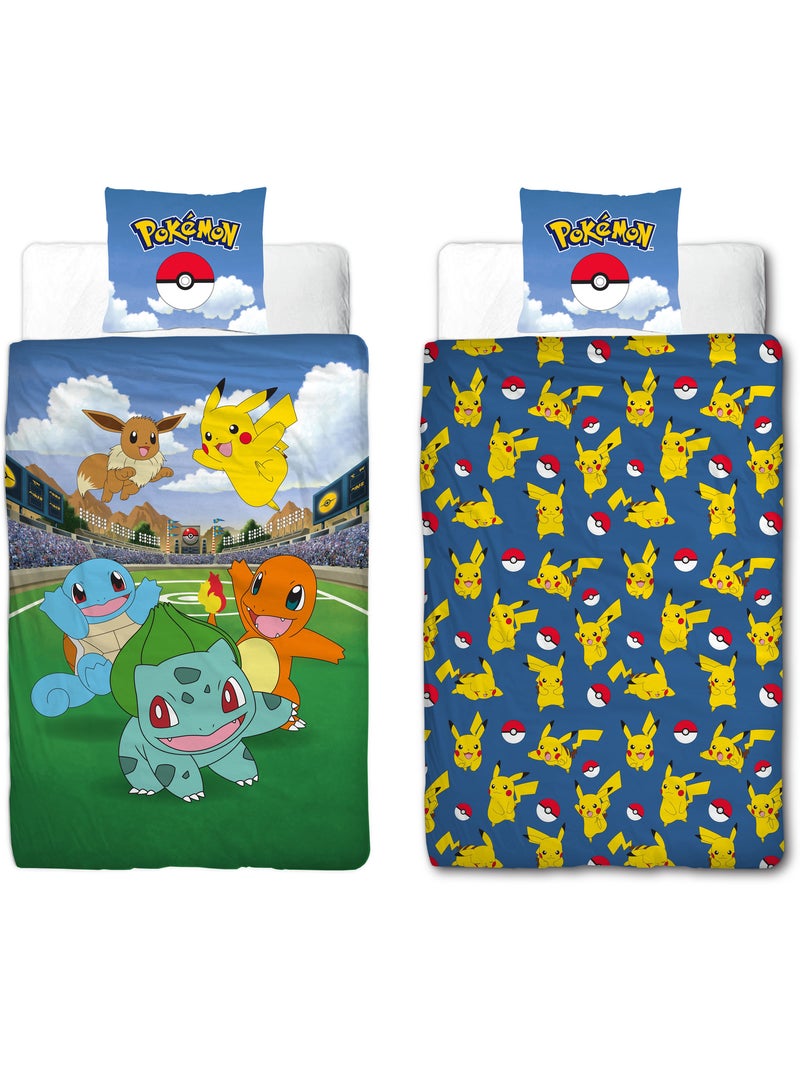 Pokémon, Completo Letto Bambino Stampato Reversibile, Pikachu Battle, Copripiumino 140x200 cm Blu - Kiabi