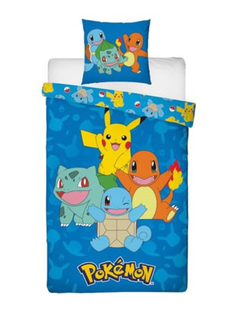 Pokémon, Parure letto bambino stampata reversibile, PIKACHU STARTER, Copripiumino 140x200 cm Blu - Kiabi