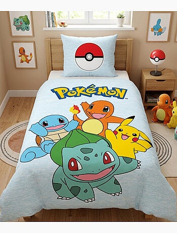 Pokémon, Parure Letto Bambino Stampata Reversibile, Pikachu Starter Team, Copripiumino 140x200 cm