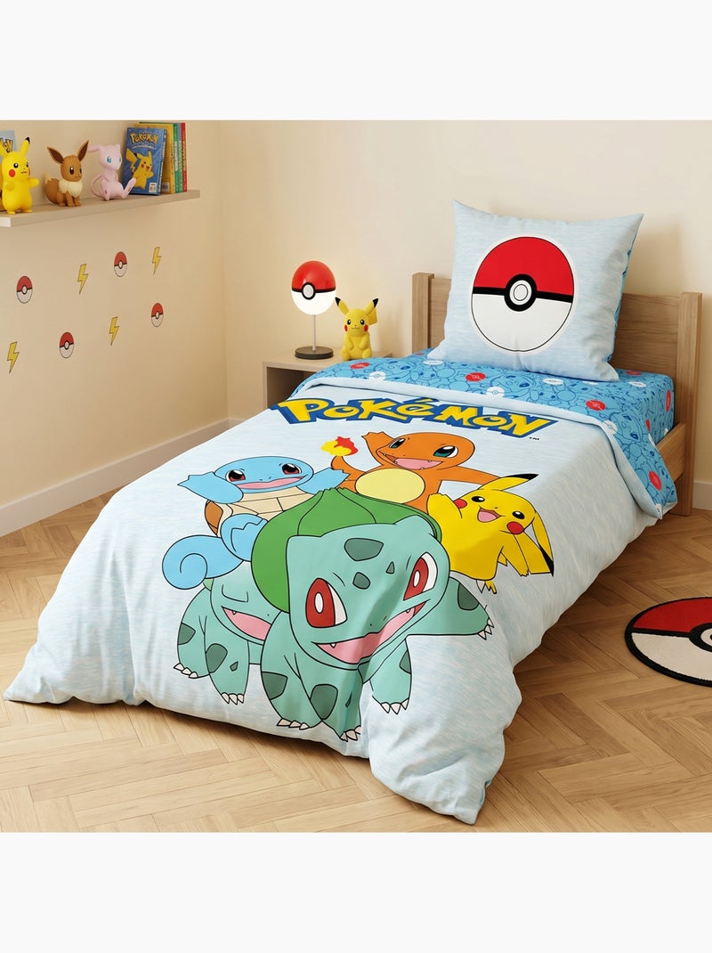 Pokémon, Parure Letto Bambino Stampata Reversibile, Pikachu Starter Team, Copripiumino 140x200 cm Blu - Kiabi