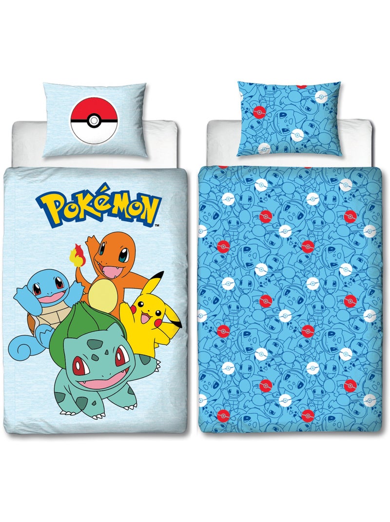Pokémon, Parure Letto Bambino Stampata Reversibile, Pikachu Starter Team, Copripiumino 140x200 cm Blu - Kiabi