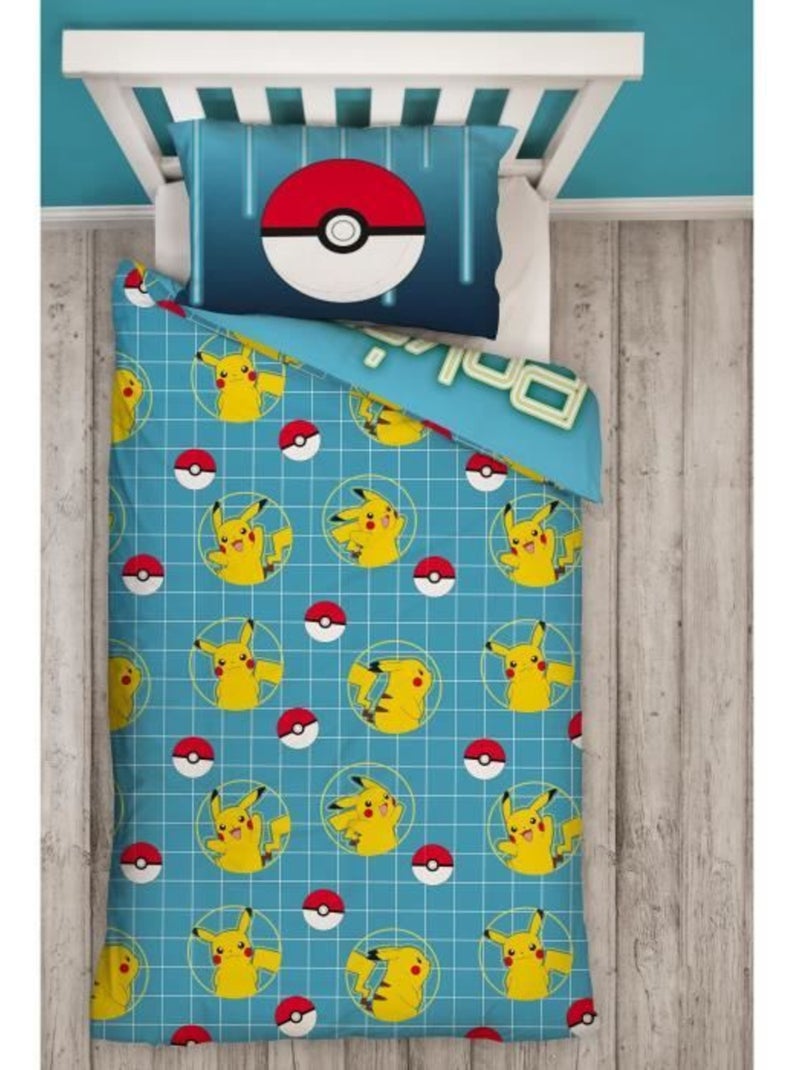 Pok?mon, Completo Letto Bambino Stampato Reversibile, PIKACHU LASER, Copripiumino 140x200 cm Blu - Kiabi