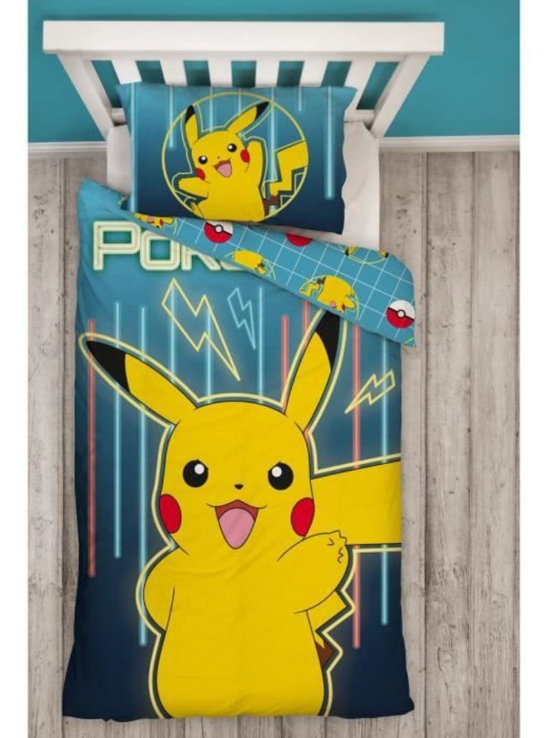 Pok?mon, Completo Letto Bambino Stampato Reversibile, PIKACHU LASER, Copripiumino 140x200 cm Blu - Kiabi