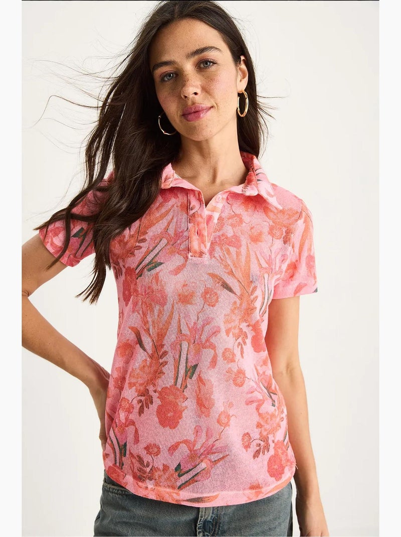 Polo a fiori manica corta lucci Rosa chiaro - Kiabi