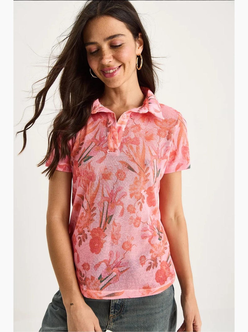 Polo a fiori manica corta lucci Rosa chiaro - Kiabi