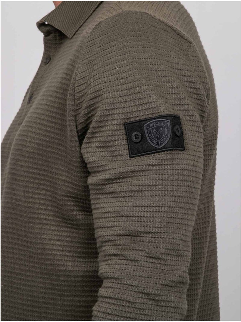 Polo a maniche lunghe in maglia waffle di cotone parlito Cachi - Kiabi