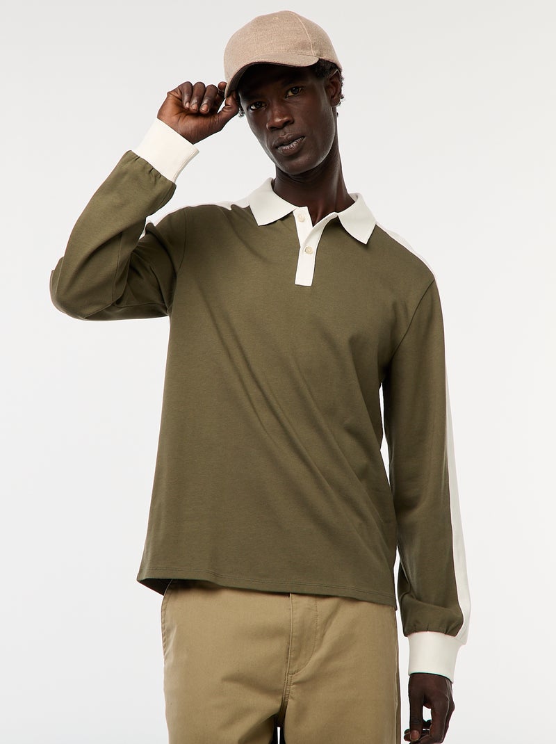 Polo bicolore a maniche lunghe Kaki - Kiabi