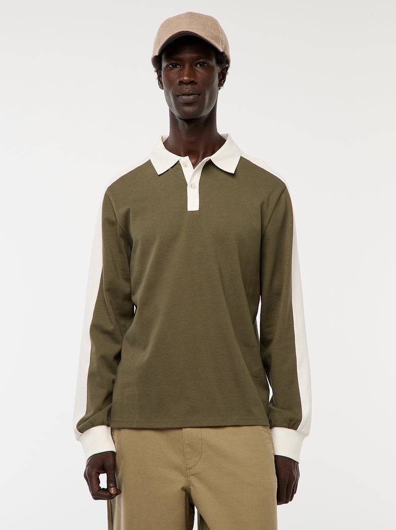 Polo bicolore a maniche lunghe Kaki - Kiabi
