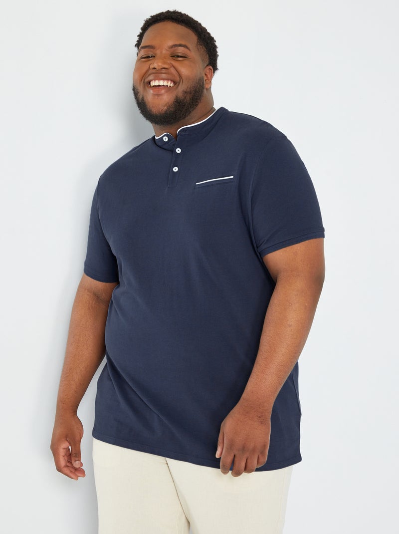 Polo con collo alla coreana in piqué di cotone BLU - Kiabi