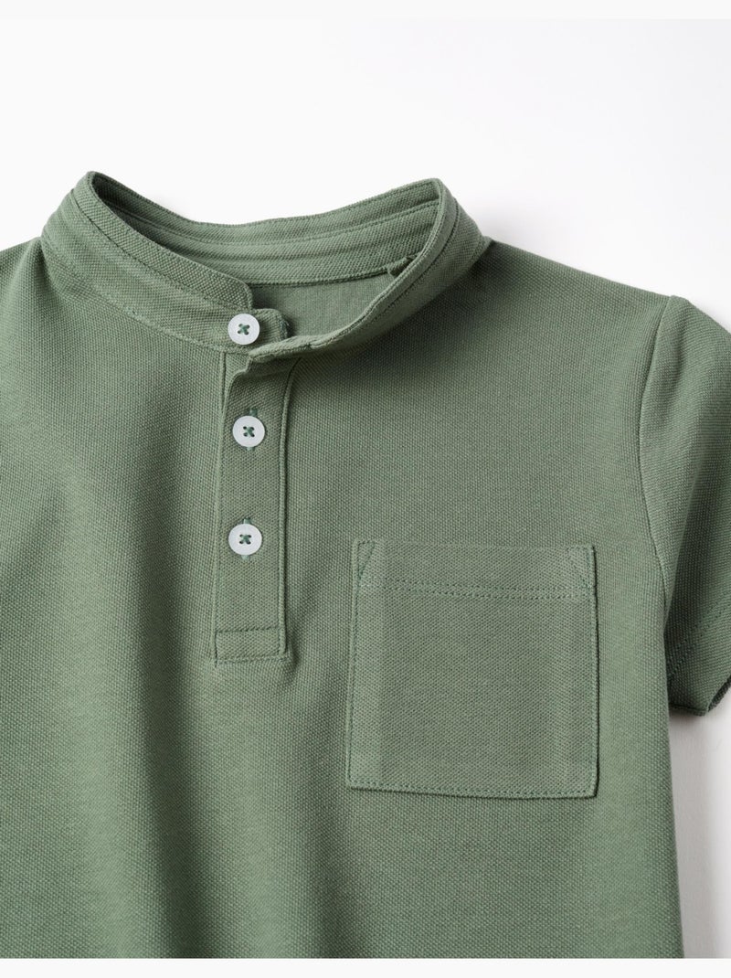 Polo in cotone con collo alla mao e tasca Verde scuro - Kiabi
