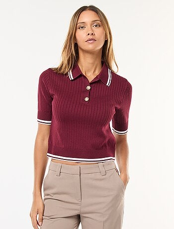 Polo in maglia a coste con colletto con bottoni dorati