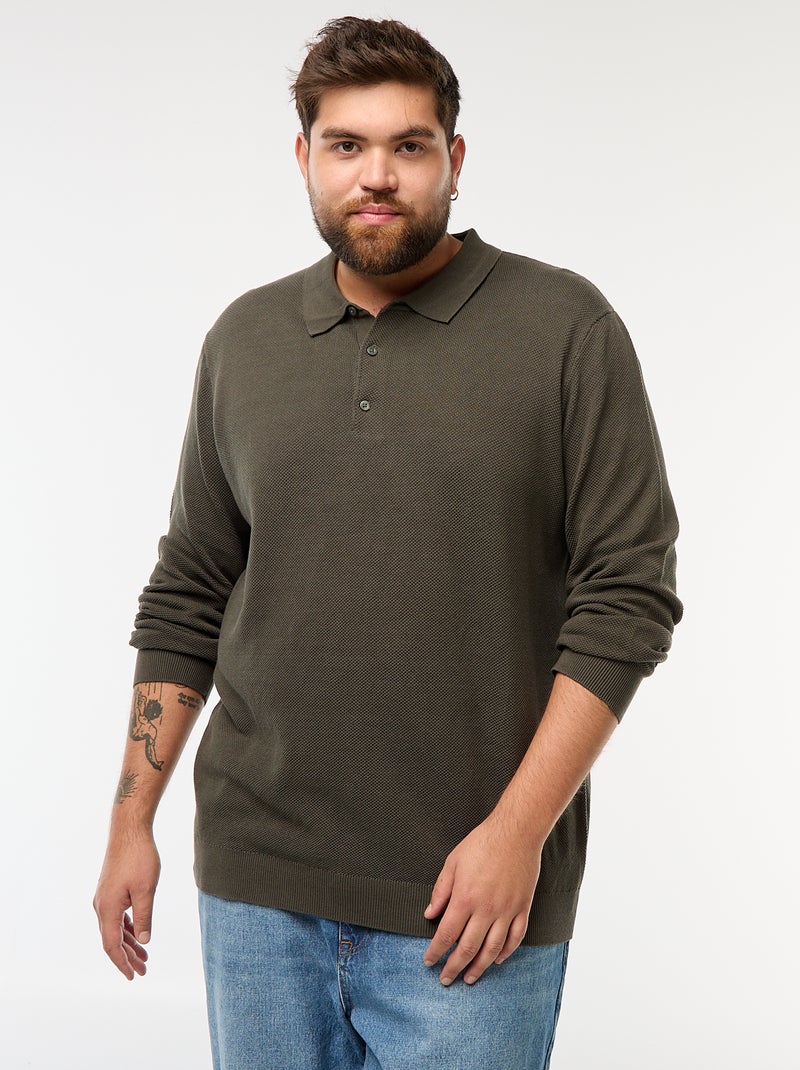 Polo in maglia fantasia a maniche lunghe Kaki Taglie forti