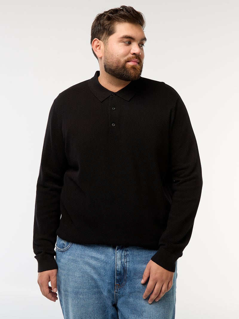 Polo in maglia fantasia a maniche lunghe Nero Taglie forti