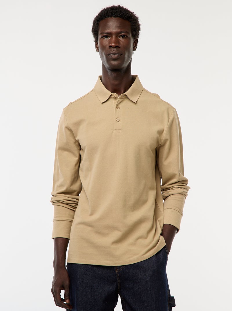 Polo in maglia piqué a maniche lunghe tinta unita Beige - Kiabi