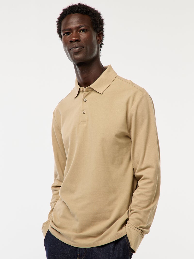 Polo in maglia piqué a maniche lunghe tinta unita Beige - Kiabi
