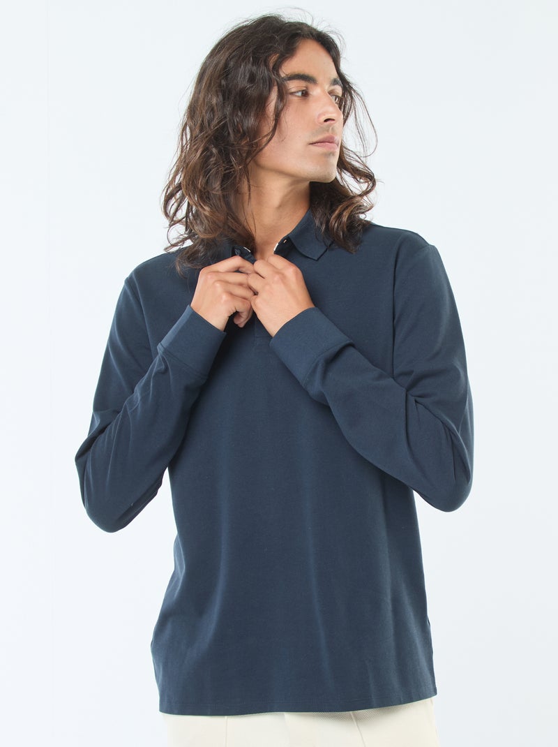 Polo in maglia piqué a maniche lunghe tinta unita blu - Kiabi