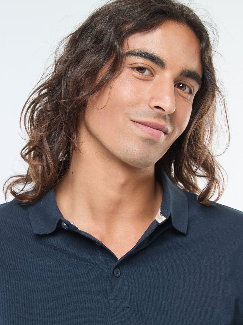 Polo in maglia piqué a maniche lunghe tinta unita blu - Kiabi