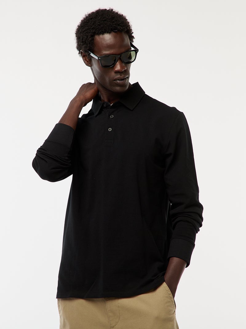 Polo in maglia piqué a maniche lunghe tinta unita nero - Kiabi