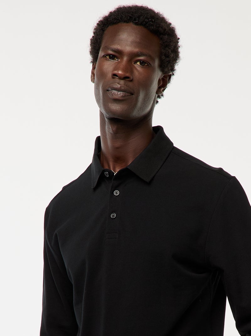 Polo in maglia piqué a maniche lunghe tinta unita nero - Kiabi