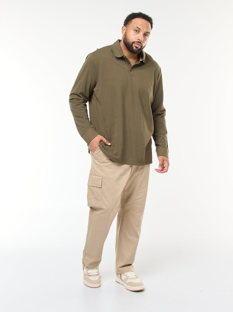 Polo in piqué di cotone a maniche lunghe Kaki - Kiabi