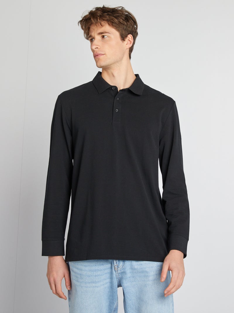 Polo in piqué di cotone a maniche lunghe nero - Kiabi