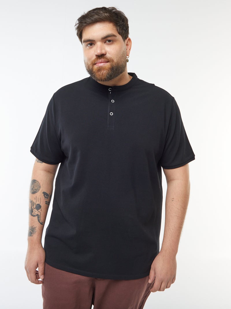 Polo in piqué di cotone collo serafino nero - Kiabi