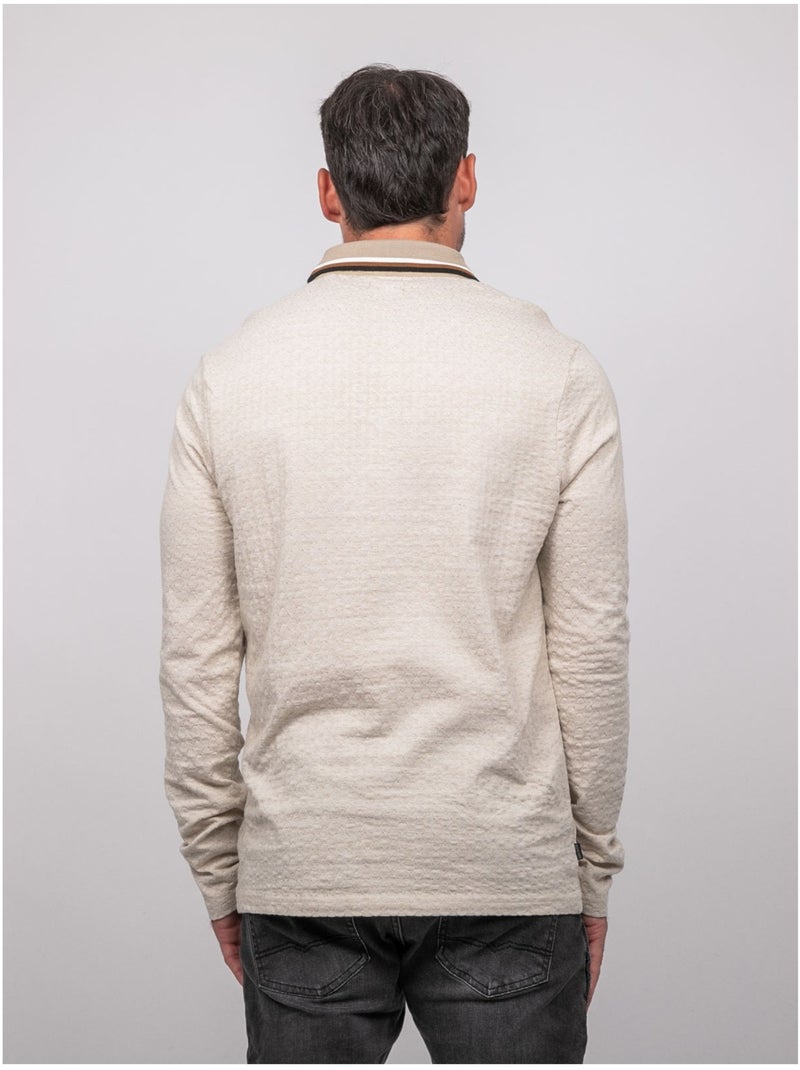 Polo jacquard a maniche lunghe con collo a righe pirataxo Beige - Kiabi