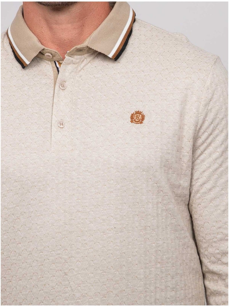 Polo jacquard a maniche lunghe con collo a righe pirataxo Beige - Kiabi
