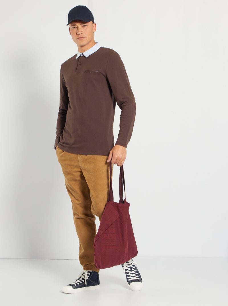 Polo slim con collo a camicia marrone scuro - Kiabi