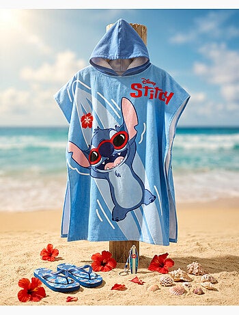 Poncho da Spiaggia Disney Stitch Surf 55x110cm – Onde Blu Ibisco Rosso – Cappuccio – 100% Poliestere