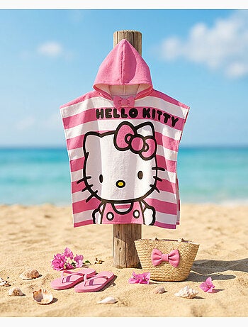 Poncho da Spiaggia Hello Kitty 60x120cm – Righe Rosa Bianco – Cappuccio Appuntito – 100% Poliestere