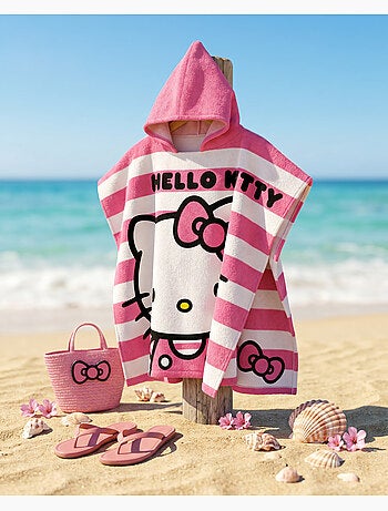 Poncho da Spiaggia Hello Kitty 60x120cm – Righe Rosa Bianco – Cappuccio Appuntito – 100% Poliestere