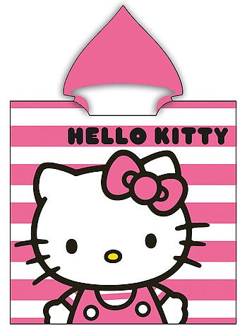 Poncho da Spiaggia Hello Kitty 60x120cm – Righe Rosa Bianco – Cappuccio Appuntito – 100% Poliestere