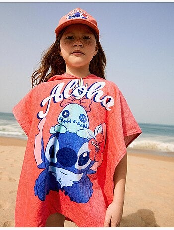 Poncho da spiaggia in cotone con cappuccio e stampa Stitch