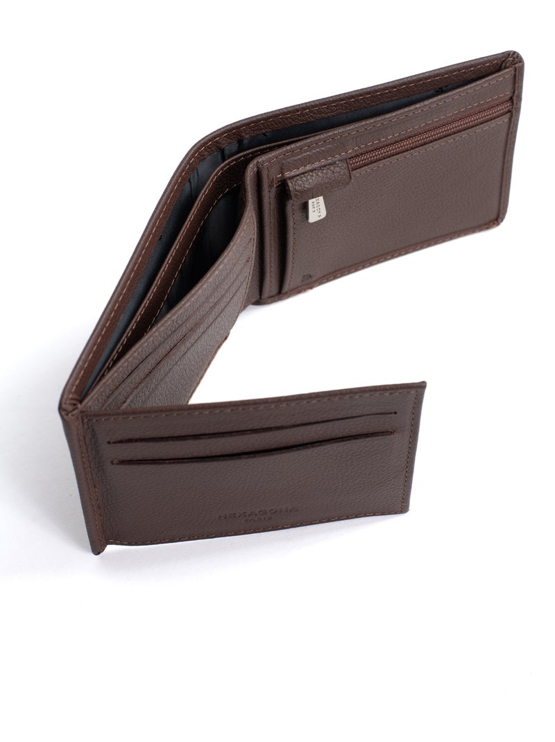 Portafoglio italiano - 2 scomparti - stop rfid - pelle di vitello confort hexagona Marrone cioccolato - Kiabi