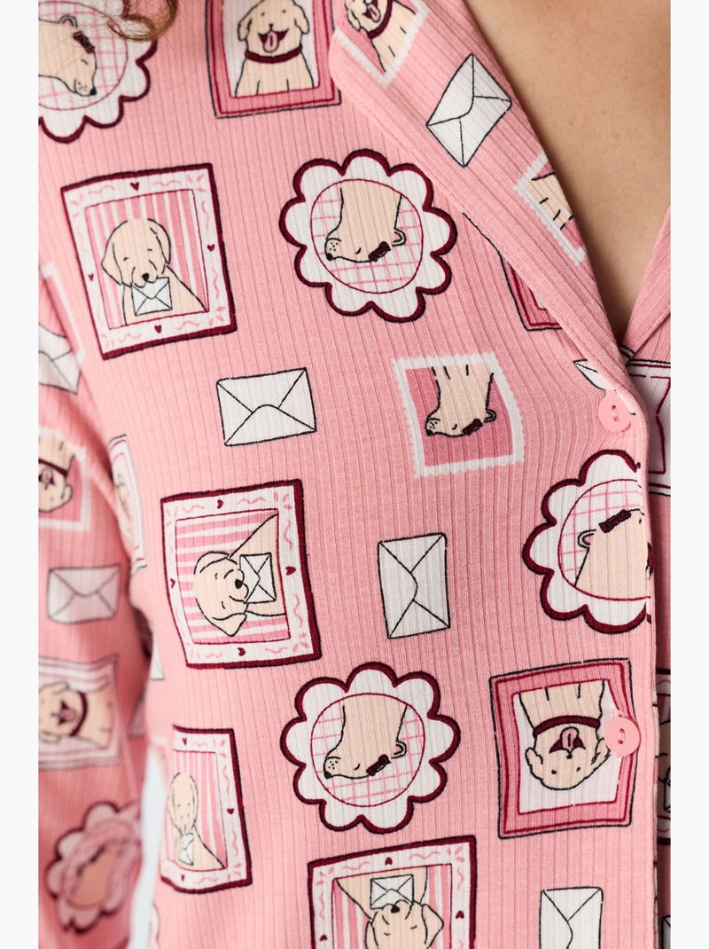 Postcard pigiama con camicia e pantaloni a costine, maniche lunghe penti Rosa - Kiabi