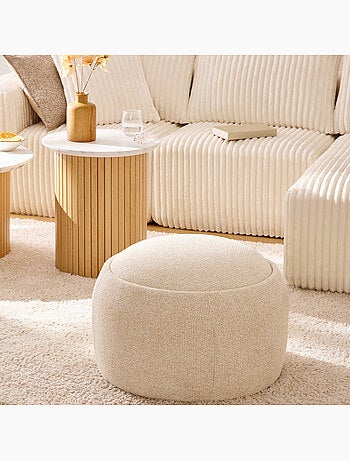 Pouf contenitore rotondo in legno con rivestimento bouclé