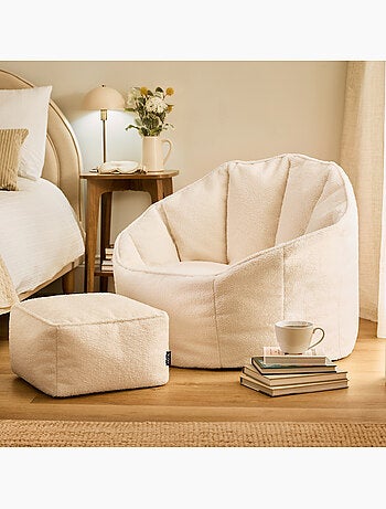 Pouf poltrona conchiglia sirena con poggiapiedi quadrato in tessuto bouclé - icon