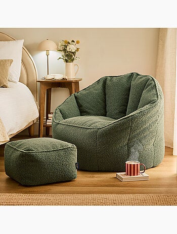 Pouf poltrona conchiglia sirena con poggiapiedi quadrato in tessuto bouclé - icon