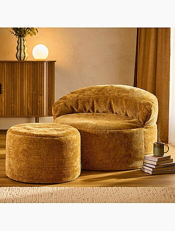 Pouf poltrona decorativa orb con poggiapiedi rotondo milano in tessuto chenille testurizzata - icon